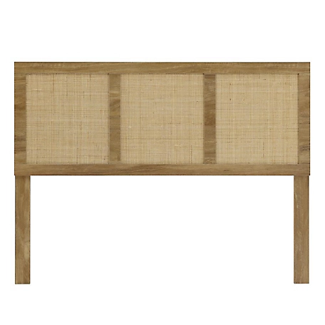 LuxenHome Oak Finish Manufactured Wood with Rattan Panels Headboard