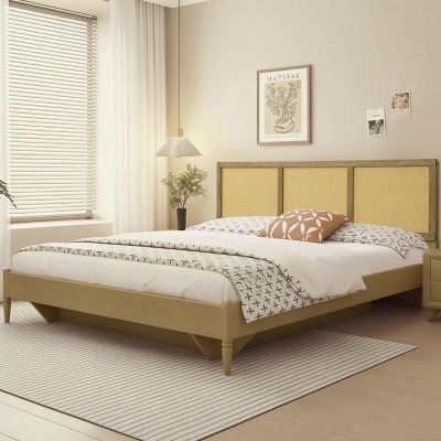 Image showing  Oak Finish Manufactured Wood with Rattan Panels Headboard