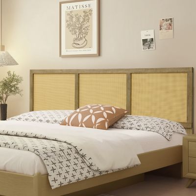 Image showing  Oak Finish Manufactured Wood with Rattan Panels Headboard