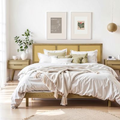 Image showing  Oak Finish Manufactured Wood with Rattan Panels Headboard