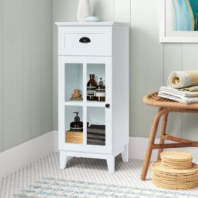 Image showing  White MDF Wood Slim Bathroom Storage Cabinet and End Table