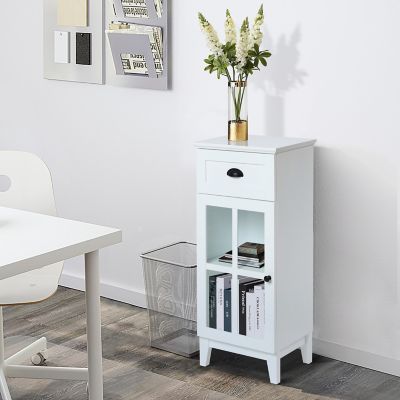 Image showing 5 th LuxenHome White MDF Wood Slim Bathroom Storage Cabinet and End Table