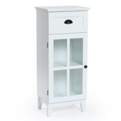 Image showing 7 th LuxenHome White MDF Wood Slim Bathroom Storage Cabinet and End Table