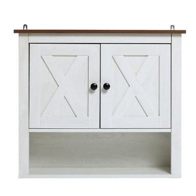 LuxenHome White Manufactured Wood Farmhouse 2-Door Bathroom Wall Cabinet