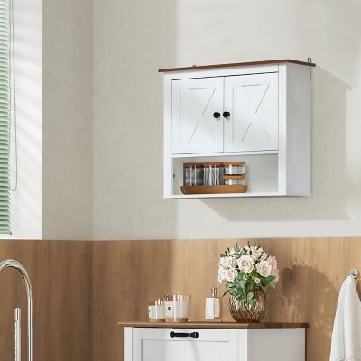 Image showing  White Manufactured Wood Farmhouse 2-Door Bathroom Wall Cabinet