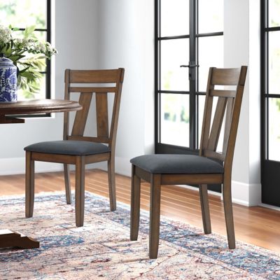 Image showing  Modern Distressed Off White Rubberwood and Gray Upholstered Dining Chair, Set of 2