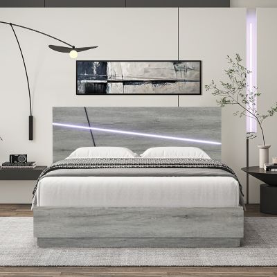 LuxenHome Modern Gray Queen Platform Bed Headboard and Frame Set with Lights