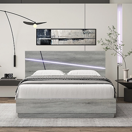 LuxenHome Modern Gray Queen Platform Bed Headboard and Frame Set with Lights