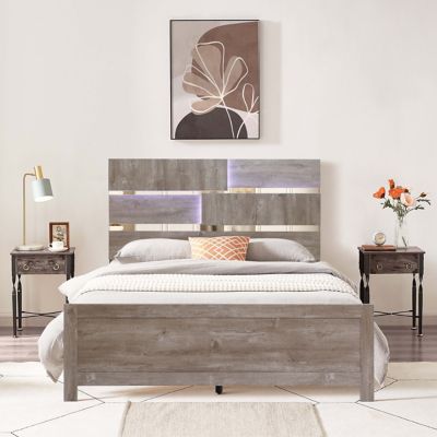 LuxenHome Modern Farmhouse Panel Queen Platform Bed Headboard and Footboard Set with Lights