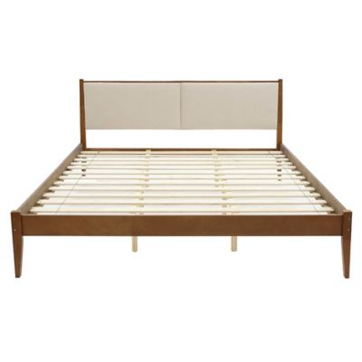 LuxenHome Modern Beige Upholstered Headboard and Wood Frame Platform Bed Set