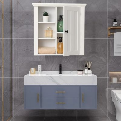 Image showing 6 th LuxenHome White MDF Wood Bathroom Wall Storage Cabinet