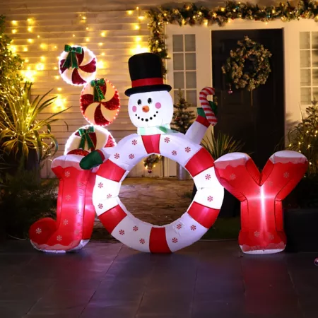 LuxenHome 6.5 Feet Long Joy Inflatable Snowman with LED Lights Christmas Inflatables