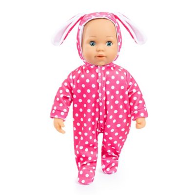 Image showing  Anna First Words Baby Doll - Bunny Pink & White Polka Dot Onesie