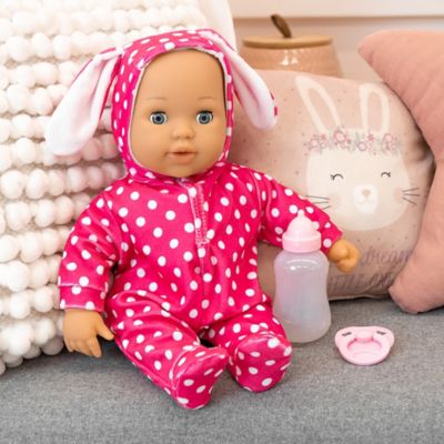 Image showing  Anna First Words Baby Doll - Bunny Pink & White Polka Dot Onesie