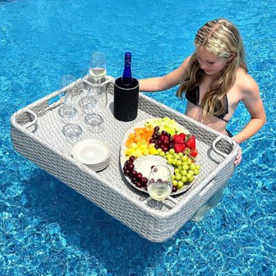 Image showing  36 x 24in. Wicker Floating Aluminum Frame Pool Tray, Grey
