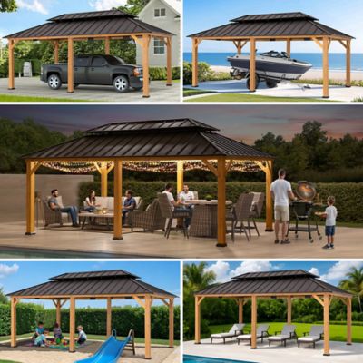 Image showing  12 x 20ft. Cedar Framed Wood Gazebo with 2-Tier Steel Hardtop Brown/Black Blackuitable for Patios, Lawn and Backyard