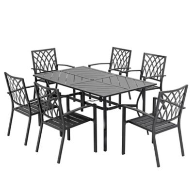 Nuu Garden Outdoor 7 pc. Iron Patio Dining Set with 1.77 in. Umbrella Hole, Black