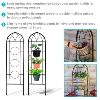 Image showing  Steel Wire Arched Climbing Plants Wall Trellis with Flowerpot Supports - 48 in. H - Black - 2-Pack