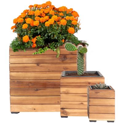Image showing  Indoor/Outdoor Square Acacia Wood Planter Box with Plastic Liner - 3pk - Light Brown Stain