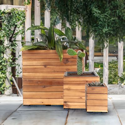 Image showing  Indoor/Outdoor Square Acacia Wood Planter Box with Plastic Liner - 3pk - Light Brown Stain