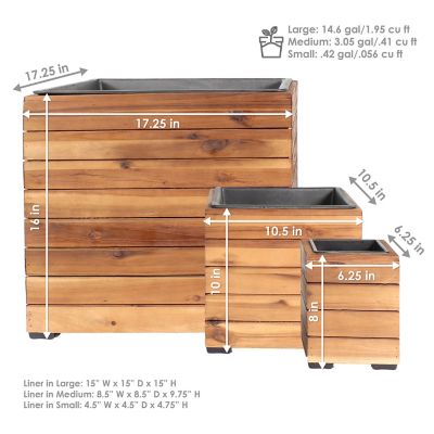 Image showing  Indoor/Outdoor Square Acacia Wood Planter Box with Plastic Liner - 3pk - Light Brown Stain