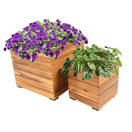 Sunnydaze Decor 2 pc. Indoor/Outdoor Square Acacia Wood Planter Box with Plastic Liner