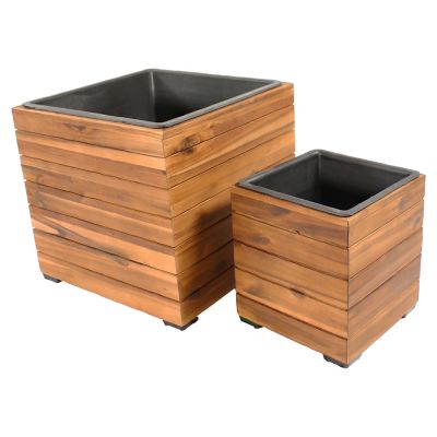 Image showing 6 th Sunnydaze Decor 7.5 lb. Acacia Wood Indoor/Outdoor Square Planter Box with Plastic Liner, 2 pc.