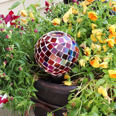 Image showing  Outdoor Mosaic Glass Watering Globe with Clay Spike for Planters - 9.5 in. - Magenta Medley