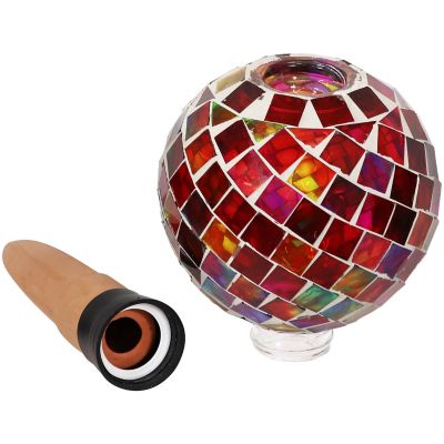 Image showing  Outdoor Mosaic Glass Watering Globe with Clay Spike for Planters - 9.5 in. - Magenta Medley