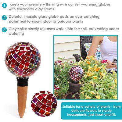 Image showing  Outdoor Mosaic Glass Watering Globe with Clay Spike for Planters - 9.5 in. - Magenta Medley