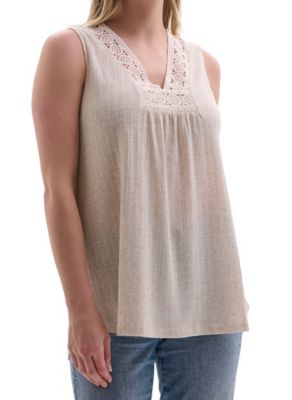 Image showing  Women's V-Neck Sleeveless High-Low Popover Shirt with Crochet Detailing