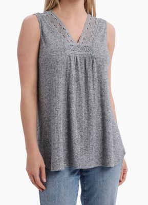 Como Vintage Women's V-Neck Sleeveless High-Low Popover Shirt with Crochet Detailing