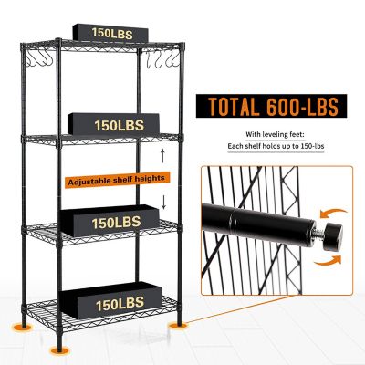 Image showing  4-Tier 23.6 in. x 47 in. x 14 in. Black Carbon Steel Wire Garage Storage Shelving Unit with 8 Hooks