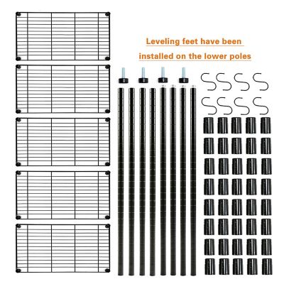 Image showing  5-Tier 23.6 in. x 59 in. x 14 in. Black Carbon Steel Wire Garage Storage Shelving Unit with 8 Hooks