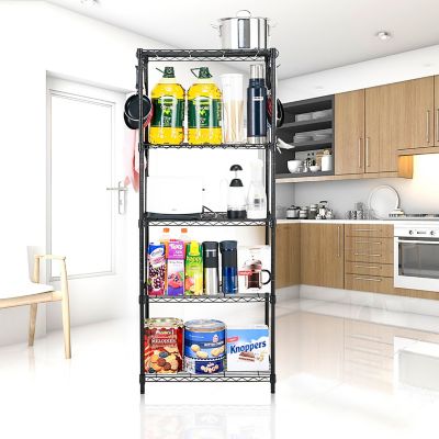 Image showing 7 th EFINE 5-Tier 23.6 in. x 59 in. x 14 in. Black Carbon Steel Wire Garage Storage Shelving Unit with 8 Hooks