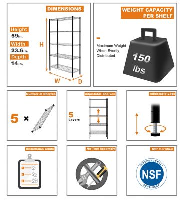 Image showing 8 th EFINE 5-Tier 23.6 in. x 59 in. x 14 in. Black Carbon Steel Wire Garage Storage Shelving Unit with 8 Hooks