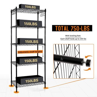 Image showing  23.6 in. x 59 in. x 14 in. 5-Tier Carbon Steel Wire Garage Storage Shelving Unit with 8 Hooks, Black, 2-Pack