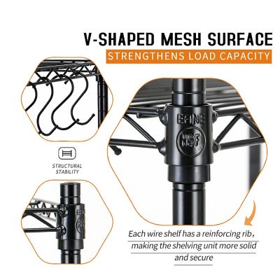 Image showing  23.6 in. x 59 in. x 14 in. 5-Tier Carbon Steel Wire Garage Storage Shelving Unit with 8 Hooks, Black, 2-Pack