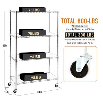 Image showing 5 th EFINE Chrome 4-Tier Rolling Carbon Steel Wire Garage Storage Shelving Unit with Casters (30 in. W x 50 in. H x 14 in. D)