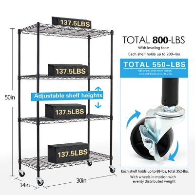 Image showing 5 th EFINE Black 4-Tier Rolling Carbon Steel Wire Garage Storage Shelving Unit with Casters (30 in. W x 50 in. H x 14 in. D)