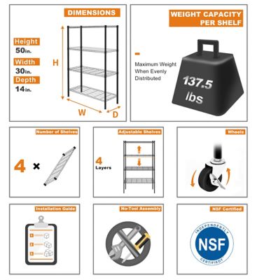 Image showing 7 th EFINE Black 4-Tier Rolling Carbon Steel Wire Garage Storage Shelving Unit with Casters (30 in. W x 50 in. H x 14 in. D)
