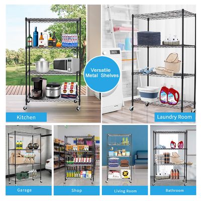 Image showing  Black 4-Tier Rolling Carbon Steel Wire Garage Storage Shelving Unit Casters (2 pk.) (30 in. W x 50 in. H x 14 in. D)