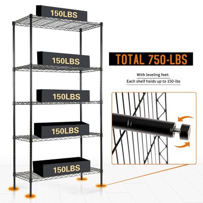 Image showing  5-Tier 30 in. x 60 in. x 14 in. Black Carbon Steel Wire Garage Storage Shelving Unit, NSF Certified