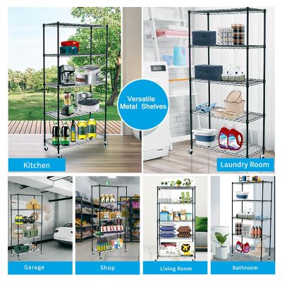 Image showing  5-Tier 30 in. x 63 in. x 14 in. Rolling Carbon Steel Wire Garage Storage Shelving Unit with Casters, Black