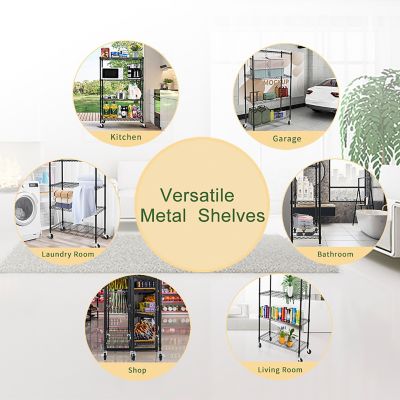 Image showing  Black 4-Tier Rolling Heavy Duty Metal Wire Storage Shelving Unit Casters 1 in. Pole (36 in. W x 57.7 in. H x 14 in. D)