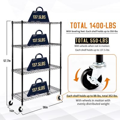 Image showing 6 th EFINE Black 4-Tier Rolling Heavy Duty Metal Wire Storage Shelving Unit Casters 1 in. Pole (36 in. W x 57.7 in. H x 14 in. D)