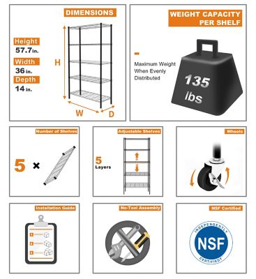 Image showing 8 th EFINE Black 4-Tier Rolling Heavy Duty Metal Wire Storage Shelving Unit Casters 1 in. Pole (36 in. W x 57.7 in. H x 14 in. D)