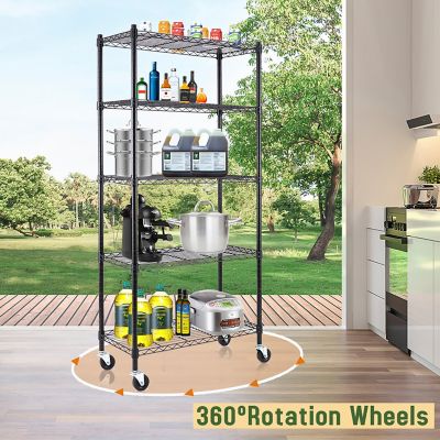 Image showing  Black 5-Tier Rolling Heavy Duty Metal Wire Storage Shelving Unit Casters 1 in. Pole (30 in. W x 63.7 in. H x 14 in. D)