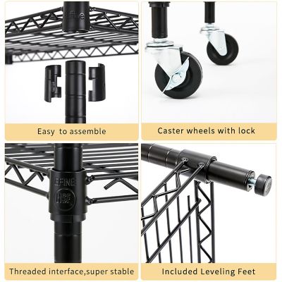 Image showing  Black 5-Tier Rolling Heavy Duty Metal Wire Storage Shelving Unit Casters 1 in. Pole (30 in. W x 63.7 in. H x 14 in. D)