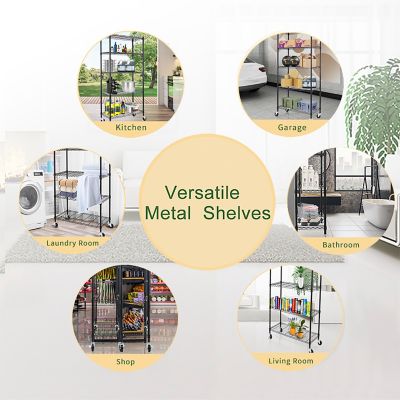 Image showing  Black 5-Tier Rolling Heavy Duty Metal Wire Storage Shelving Unit Casters 1 in. Pole (30 in. W x 63.7 in. H x 14 in. D)